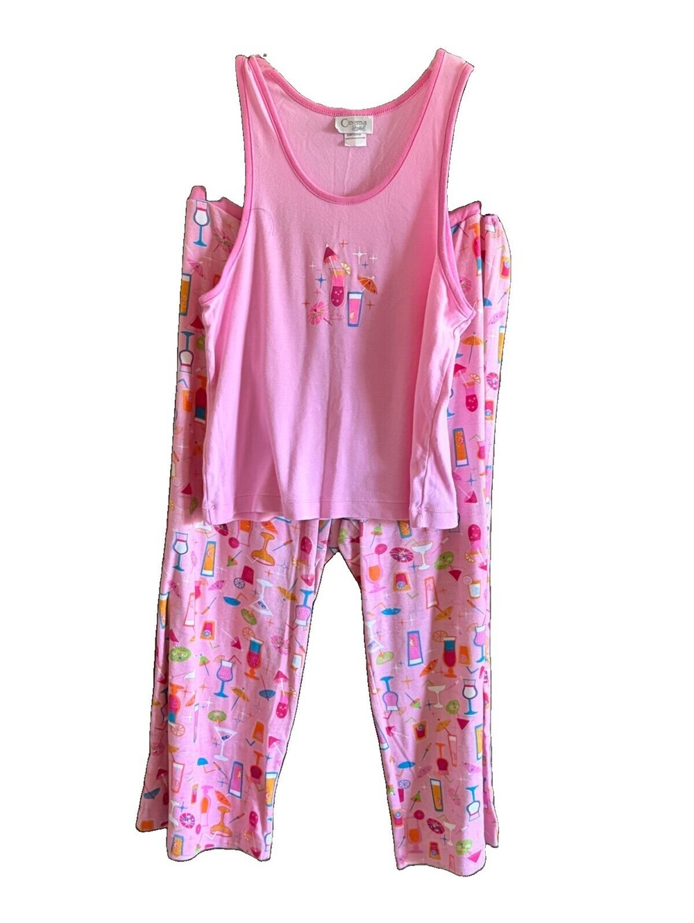 Cinema Toile L Pajama Set Pink With Fruity Drinks Tank Top LongPants 100% Cotton